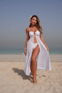 White semi-transparent mesh beach cover-up with metal ring detail and slit maxi skirt