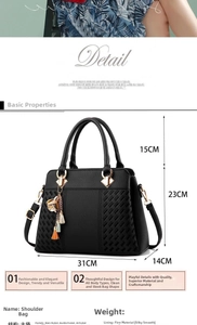 Detailed dimensions of black leather handbag with woven texture and floral tassel charm