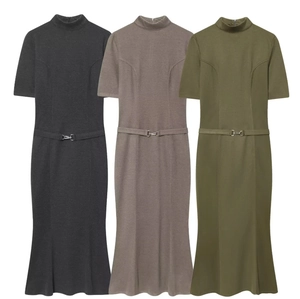 Women Mermaid Midi Dress High Neck Short Sleeve Knit With Belt Slim Fit Elegant Socialite Solid Color