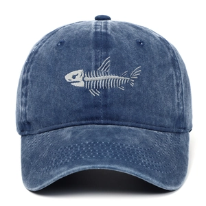Vintage navy blue washed cotton baseball cap with white fish bone embroidery on front