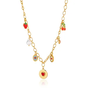 Pendant Necklace Gold Plated Stainless Steel With Strawberry Cherry Heart Charms Artificial Pearl Fashion Jewelry For Women