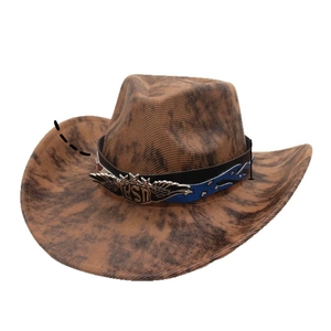 Vintage brown corduroy cowboy hat with USA metal emblem and star patterned decorative band