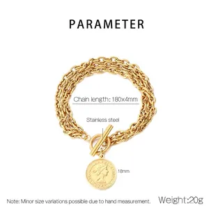 Detail view of gold stainless steel multi-layer chain bracelet with OT toggle clasp