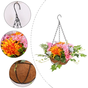 Artificial floral hanging basket with colorful flowers and coconut fiber liner for decor