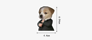 Funny dog sticker in suit showing precise size dimensions 6.04cm height and 4.4cm width