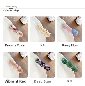 Detail showing glittery acetate cat hair clips in six colors with gold etched lines