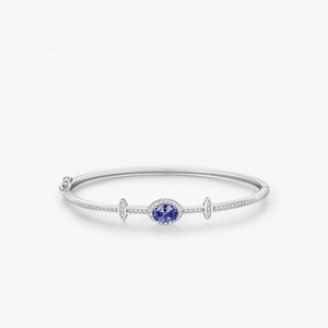 925 Sterling Silver Bangle Bracelet Elegant Oval Blue Zircon Inlaid Geometrical For Women Minimalist Sparkling Fine Jewelry