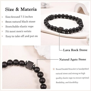 Men's 8mm natural lava and agate stone beaded bracelet with adjustable elastic cord