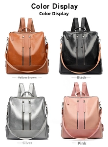 Color display of stylish PU leather anti-theft backpacks in brown, black, silver, and pink