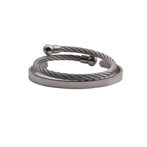 Silver stainless steel twisted wire and flat open cuff bracelet set for men