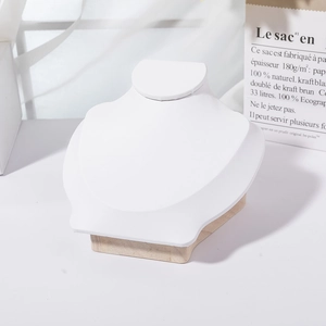 Solid wood necklace display bust with white leather padding for jewelry photography