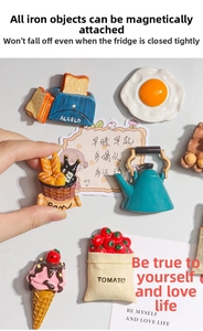 Macro detail of 3D resin fridge magnets showing a miniature toaster and realistic food items