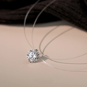 Minimalist S925 sterling silver invisible fishline necklace with round cubic zirconia