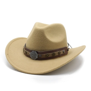 Close-up of camel western felt hat featuring leather band with floral metal buckle