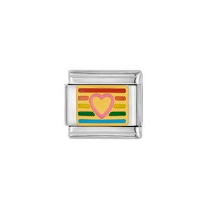 Macro detail of Italian modular charm featuring enamel rainbow and heart on steel link