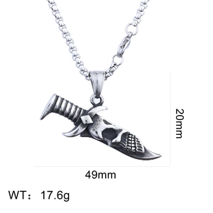 Detailed view of silver dagger pendant with skull motif showing 49mm x 20mm dimensions