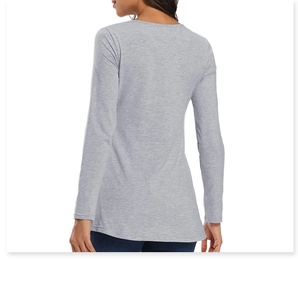 Back view of a grey long sleeve nursing shirt made of soft cotton for maternity wear