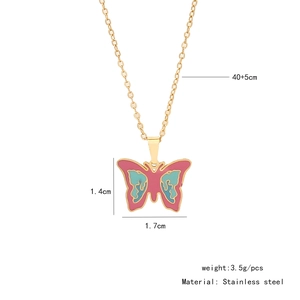 Detailed size chart of stainless steel necklace with pink enamel butterfly pendant