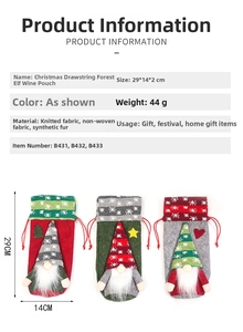 Detailed view of forest gnome wine bottle covers with drawstring and size dimensions