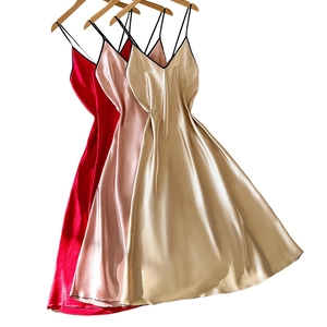 Elegant satin V-neck chemises in red, pink, and gold with black straps for women