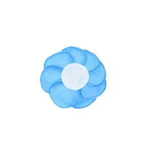 Blue satin camellia flower handmade fabric accessory with a white center pearl detail