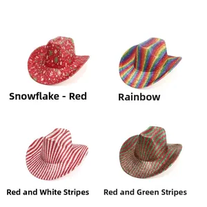 Collage of glittery Western cowboy hats in festive patterns for Christmas parties