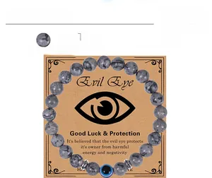 Nahaufnahme der 8mm Landkartenstein-Perlen mit Evil Eye auf einer Geschenkkarte