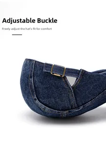 Detail of adjustable metal buckle on blue denim cap for a comfortable custom fit