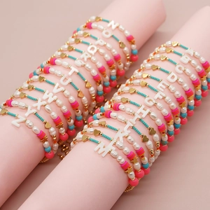 Initial Letter Bracelet Imitation Artificial Pearl Shell Bead Alloy Heart Star Charm Bohemian Adjustable Handmade Jewelry Women