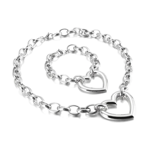 Silver chunky chain necklace and bracelet set with hollow heart pendants for women
