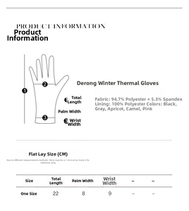 Size chart and specifications for winter thermal gloves showing dimensions and materials