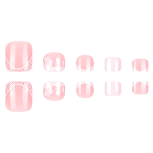 Short pink press-on toenails with white French lines and liquid drip design on white background
