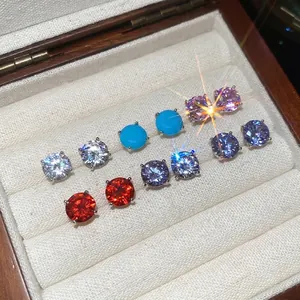 Sparkling multi-color round zircon stud earrings set with classic four-prong silver setting