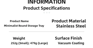 Detailed technical specifications for the stainless steel round storage tray with sizes