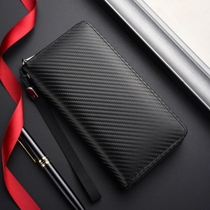 Men's carbon fiber texture long wallet with wrist strap and RFID blocking design