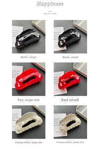 Detail view of cloud-shaped hair claws with pearls in black, red, and cream white