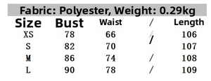 Size chart for lemon print poplin dress showing measurements in centimeters and fabric weight