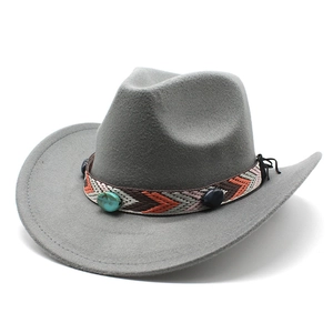 Light gray wool felt cowboy hat featuring ethnic woven band and turquoise stone accents