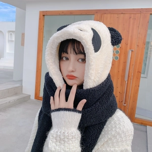 Cute panda plush hooded scarf and gloves 3-in-1 winter set in black and white faux fur