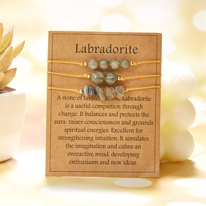 Close-up of three labradorite stone bracelets on a display card with natural textures