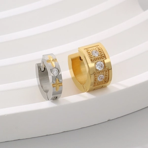 Minimalist C-shaped titanium steel huggie earrings with cross relief and cubic zirconia