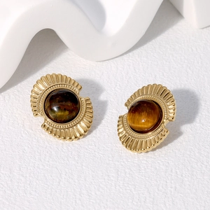 Vintage 18K gold plated stainless steel stud earrings with natural tiger eye stone beads