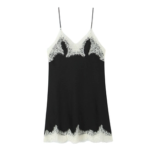 Women's black satin camisole slip dress with contrasting white eyelash lace trim