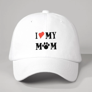White cotton baseball cap with 'I Love My Mom' print and heart paw graphic logo