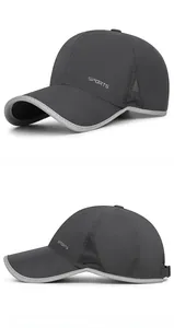 Macro detail of breathable mesh fabric and Sports embroidery on a dark grey baseball cap