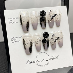 Handmade grey purple gradient press-on nails with 3D black rose and butterfly charms