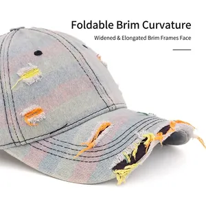 Distressed rainbow stripe denim baseball cap with wide foldable brim and torn details