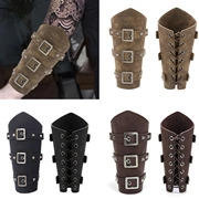 Detail view of multi-color punk leather arm guards with metal buckles and lace-up straps
