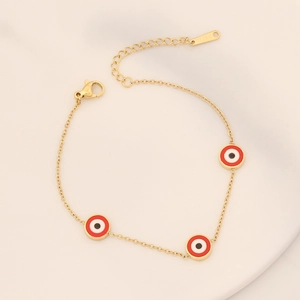 Gold stainless steel chain bracelet featuring three colorful enamel evil eye charms