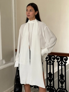 Elegant white long sleeve chiffon blouse with high neck neck scarf and long ties